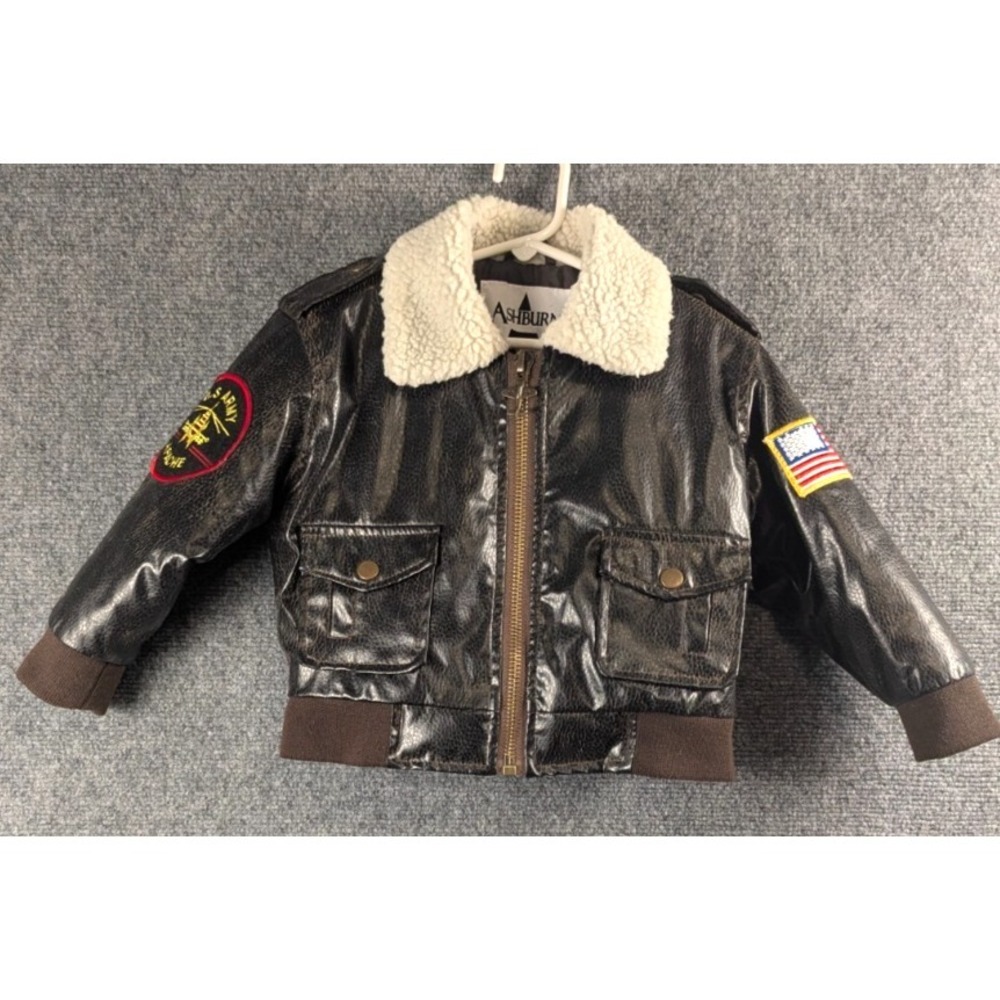 Ashburn Toddler Aviator Flight Bomber Jacket 4T‎ Faux Leather Sherpa Collar Army